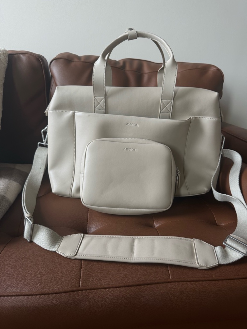 Monos Metro Duffle w detachable Kit Vegan Ivory White Leather Travel Carry On